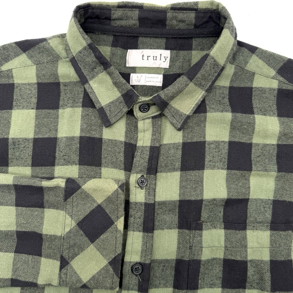 Truly Flannel Shirt Mens L Olive Black Buffalo Check Plaid Button Down PLAID15
